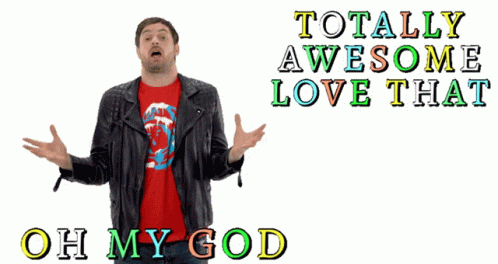 A Man Wearing A Red Shirt And A Black Leather Jacket Says " Totally Awesome Love That Oh My God " GIF
