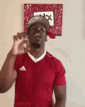 A Man Wearing A Red Shirt And A Hat Is Standing In Front Of A Painting . GIF
