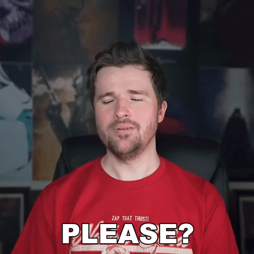 A Man Wearing A Red Shirt That Says " Please " GIF