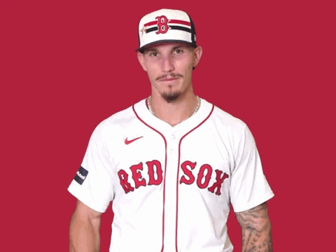 A Man Wearing A Red Sox Jersey Adjusts His Cap GIF
