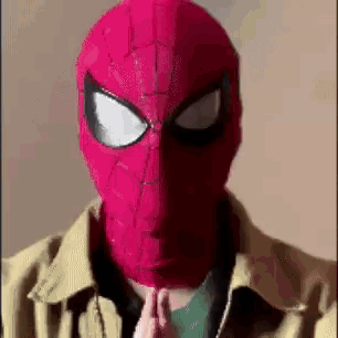 A Man Wearing A Red Spider-Man Mask And A Jacket Is Praying . GIF