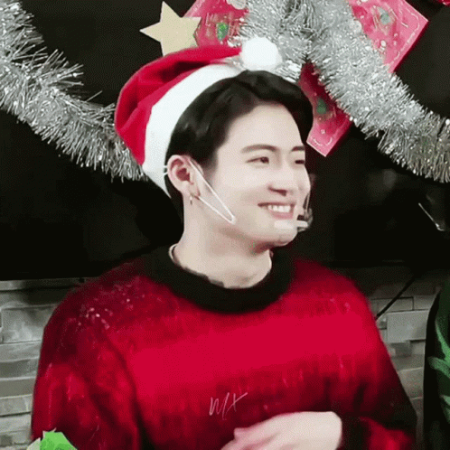 A Man Wearing A Red Sweater And A Santa Hat Is Smiling . GIF
