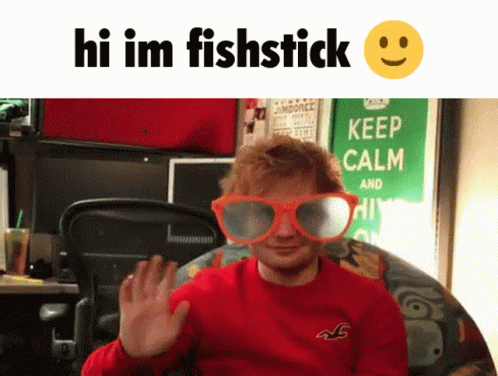 A Man Wearing A Red Sweater And Orange Glasses With The Words Hi Im Fishstick Above Him GIF
