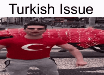 A Man Wearing A Red T-Shirt With The Turkish Flag On It Is Standing In Front Of A Red Car . GIF