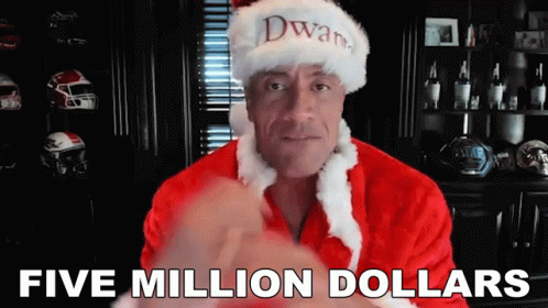 A Man Wearing A Santa Hat And Robe Says Five Million Dollars . GIF