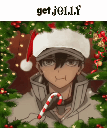A Man Wearing A Santa Hat Is Holding A Candy Cane GIF
