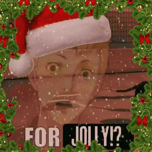A Man Wearing A Santa Hat Is Surrounded By Christmas Decorations And The Words For Jolly GIF