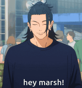 A Man Wearing A Shirt That Says Hey Marsh On It GIF