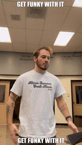 A Man Wearing A Shirt That Says Illinois Summer Youth Ministries GIF