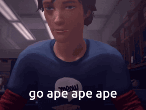 a man wearing a shirt that says meow on it says go ape ape ape