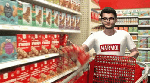 A Man Wearing A Shirt That Says Narmol Pushes A Shopping Cart GIF