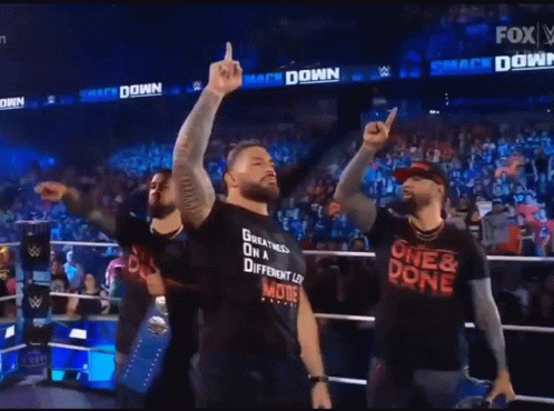 A Man Wearing A Shirt That Says One & Done Is Standing In Front Of A Crowd GIF