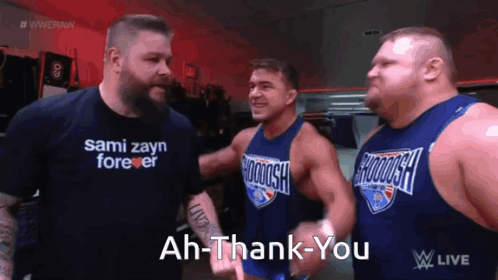 A Man Wearing A Shirt That Says Sam Zayn Forever Is Standing Next To Two Other Men GIF