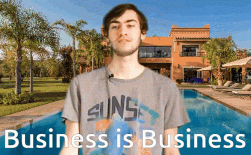 A Man Wearing A Shirt That Says Sunset Stands In Front Of A Swimming Pool GIF