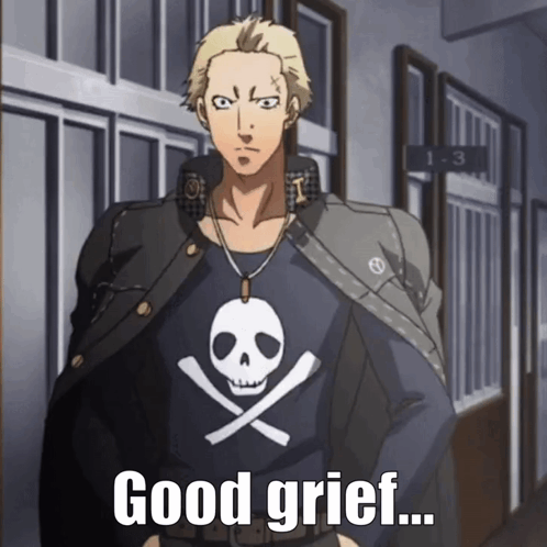 A Man Wearing A Skull And Crossbones Shirt Is Standing In A Hallway And Says Good Grief GIF
