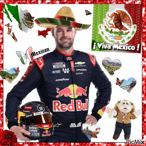 a man wearing a sombrero and a red bull jacket holds a helmet