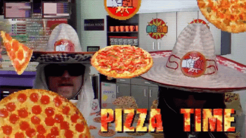 A Man Wearing A Sombrero Is Surrounded By Pizzas And The Words Pizza Time Are Visible GIF