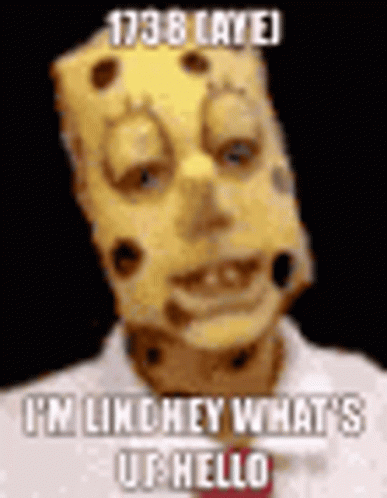 A Man Wearing A Spongebob Mask With Holes In It Is Talking . GIF