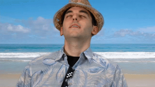 A Man Wearing A Straw Hat And A Hawaiian Shirt Stands On A Beach GIF