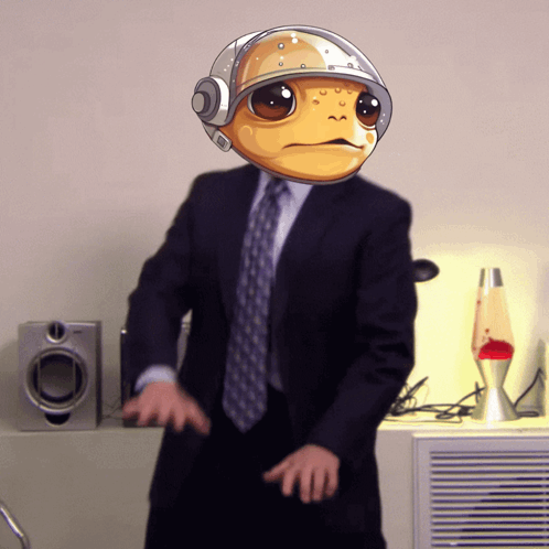 A Man Wearing A Suit And Tie With A Cartoon Face On His Head GIF