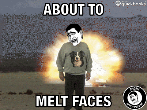 A Man Wearing A Sweater With A Dog On It Is Standing In Front Of An Explosion With The Words About To Melt Faces GIF