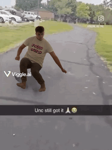 A Man Wearing A T-Shirt That Says Proud Nugget Is Riding A Skateboard GIF