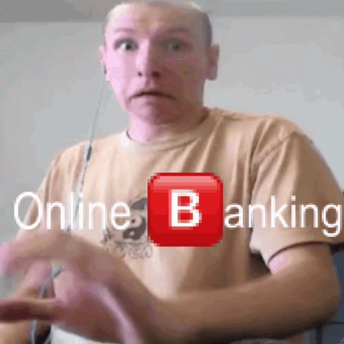 A Man Wearing A Tan Shirt With A Red Button That Says Online Banking On It GIF