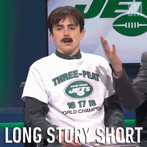 A Man Wearing A Three-Peat New York Jets Shirt Says Long Story Short GIF