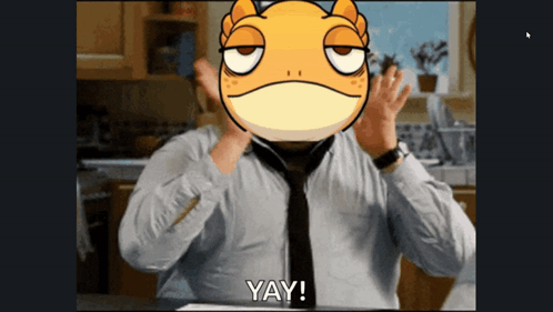 A Man Wearing A Tie And A Lizard Head Says Yay GIF