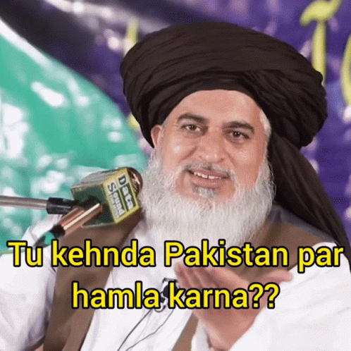 A Man Wearing A Turban Speaking Into A Microphone With The Words Tu Kehnda Pakistan Par Hamla Karna Written Below Him GIF