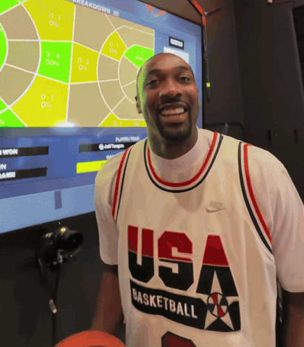 A Man Wearing A Usa Basketball Jersey Stands In Front Of A Monitor GIF