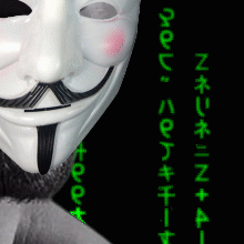 A Man Wearing A V For Vendetta Mask Has Green Writing On The Side Of His Face GIF