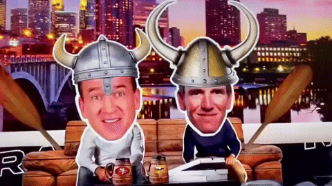 a man wearing a viking hat sits next to another man