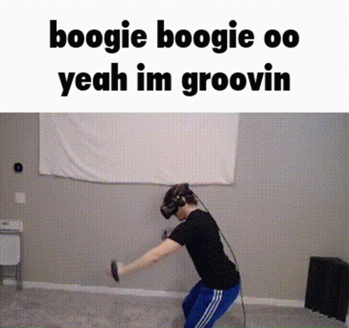 A Man Wearing A Virtual Reality Headset Is Doing A Boogie In A Room . GIF