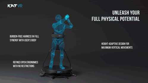 A Man Wearing A Virtual Reality Headset Is Standing In A Room With Katvr Written On The Bottom GIF
