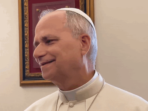 A Man Wearing A White Hat And Collar Is Smiling In Front Of A Framed Picture GIF