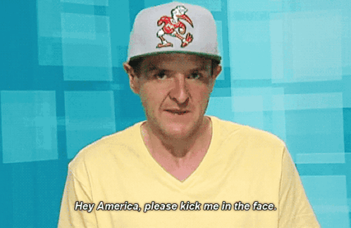 A Man Wearing A White Hat With A Bird On It Says Hey America Please Kick Me In The Face GIF