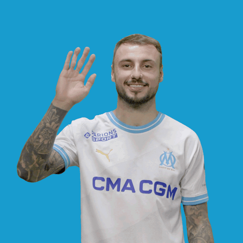 A Man Wearing A White Jersey With Cma Cgm On It GIF