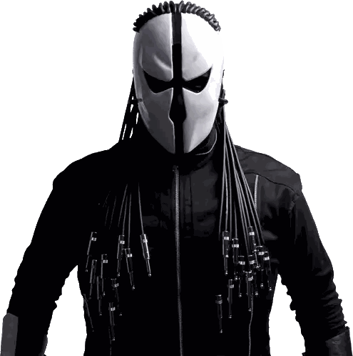 a man wearing a white mask and dreadlocks stands in front of a white background