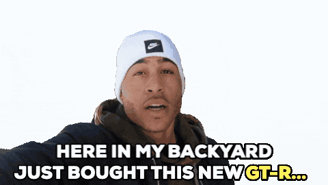 A Man Wearing A White Nike Beanie Says " Here In My Backyard Just Bought This New Gt-R " GIF