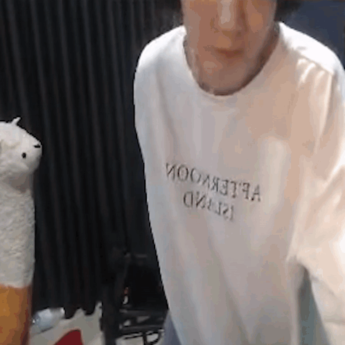 A Man Wearing A White T-Shirt Is Standing In Front Of A Stuffed Llama . GIF