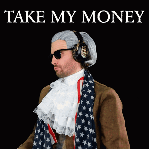 Man With Wig And Headphones Take My Money GIF