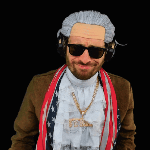 A Man Wearing A Wig And Sunglasses Has A Necklace That Says Bye On It GIF