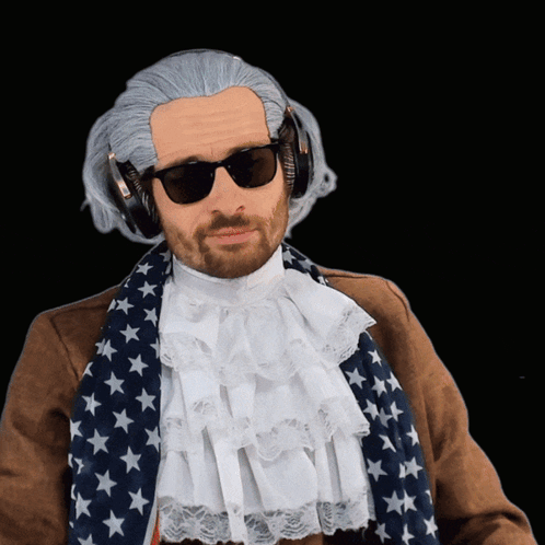 A Man Wearing A Wig And Sunglasses Has Headphones On His Ears GIF