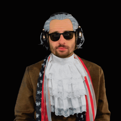 A Man Wearing A Wig And Sunglasses Has Headphones On His Head GIF