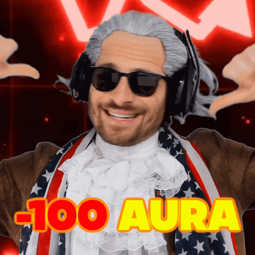 A Man Wearing A Wig And Sunglasses Has The Words 100 Aura On His Chest GIF