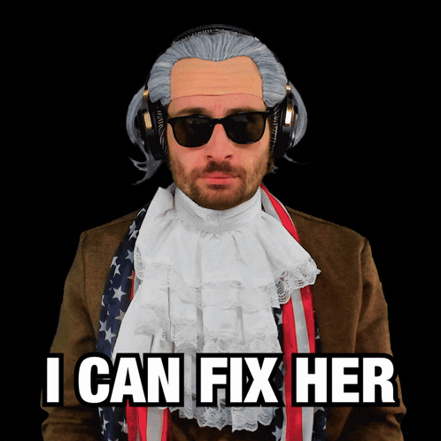 A Man Wearing A Wig And Sunglasses Has The Words I Can Fix Her Above Him GIF