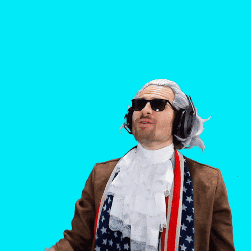 A Man Wearing A Wig And Sunglasses Holds His Hands Up In Front Of A Happy Anniversary Sign GIF