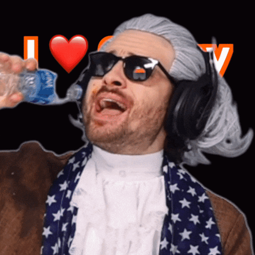 A Man Wearing A Wig And Sunglasses Is Drinking From A Bottle GIF