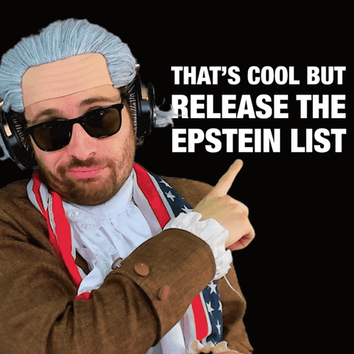 A Man Wearing A Wig And Sunglasses Is Pointing To The Epstein List GIF